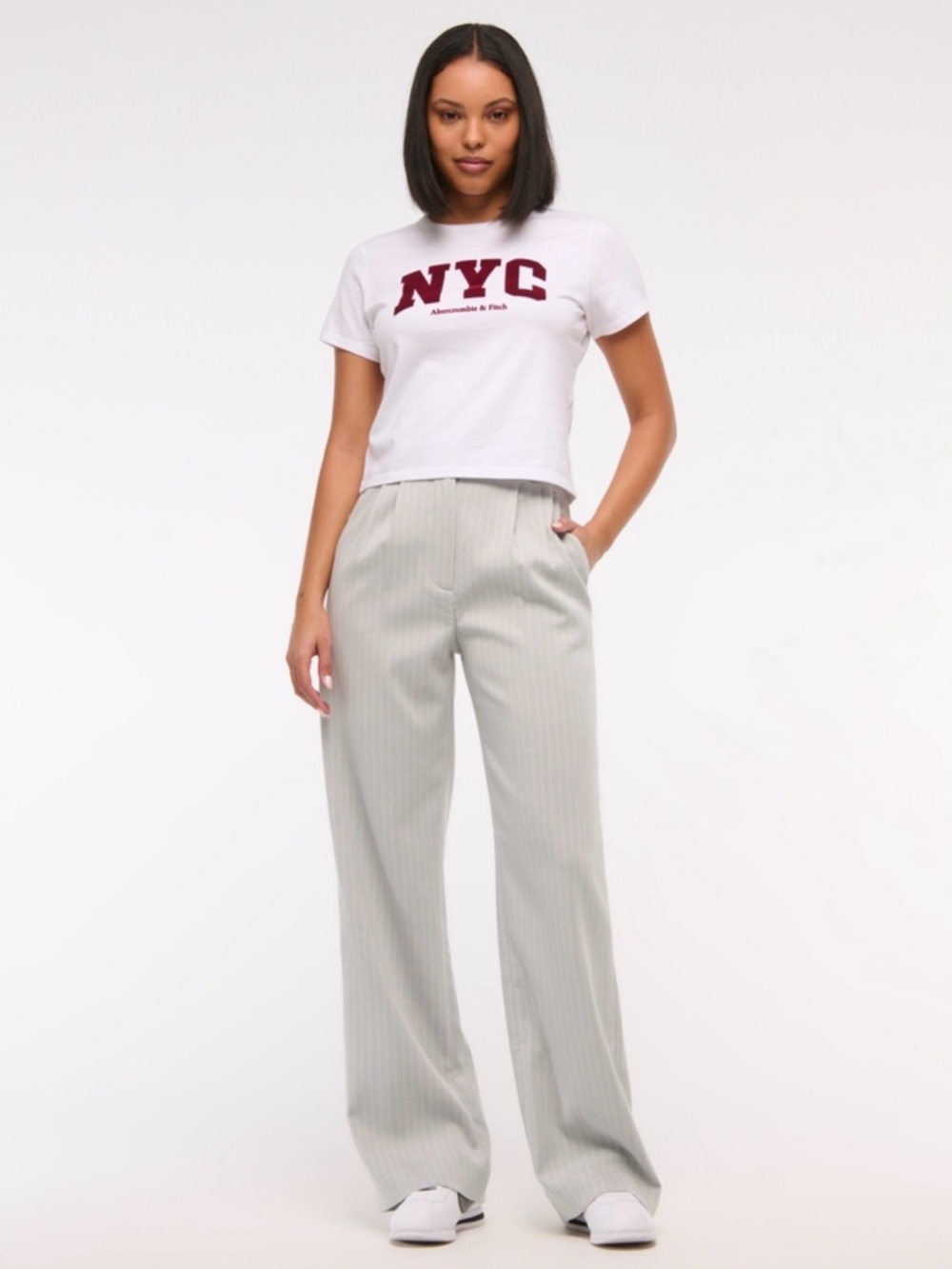 Abercrombie Curve Love Sloane Tailored Wide Leg Pant in Light Gray Pinstripe - Picture 2 of 5